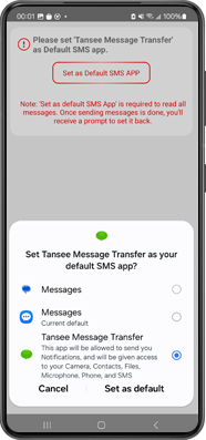 Legen Sie Tansee Message Transfer als Ihre Standard-SMS-App fest